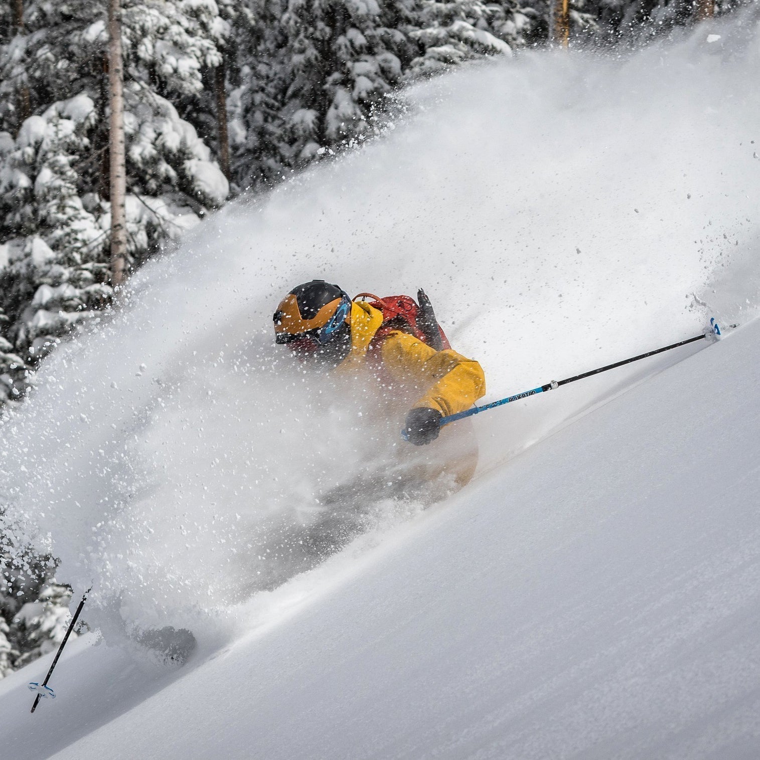 Skier navigating deep backcountry powder snow, showcasing extreme winter skiing conditions