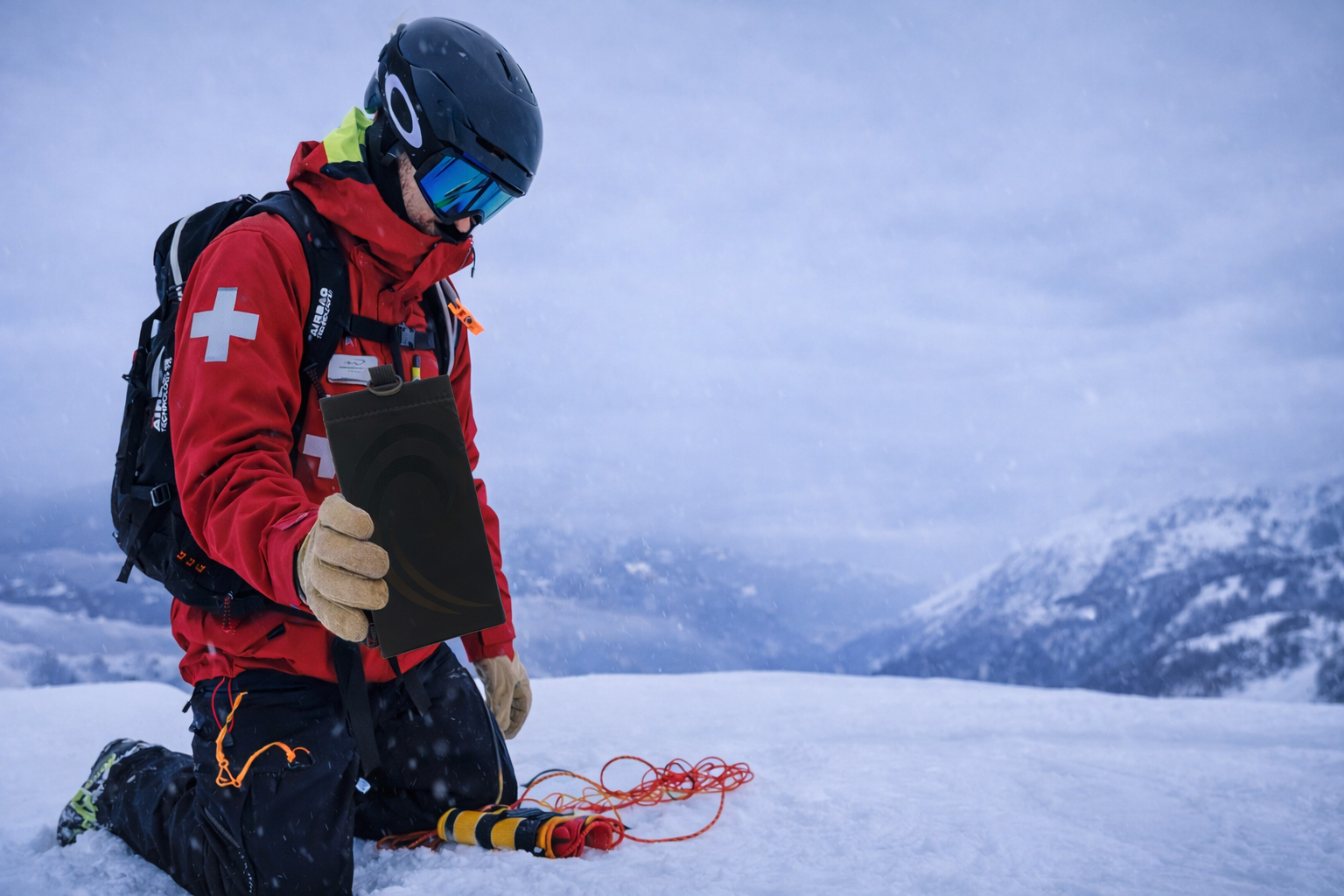 Ski patrol worker on snowy mountain showing he uses a PHOOZY Thermal Phone Capsule for cold weather battery protection.