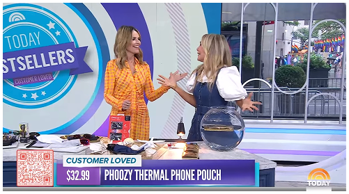 PHOOZY Phone Capsule floating on water with excited TV anchors