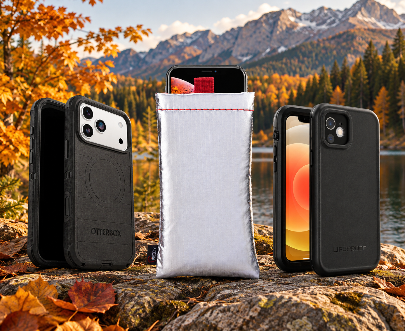 Otterbox and Lifeproof phone cases and a PHOOZY phone capsule displayed outdoors against a colorful fall mountain and lake landscape.